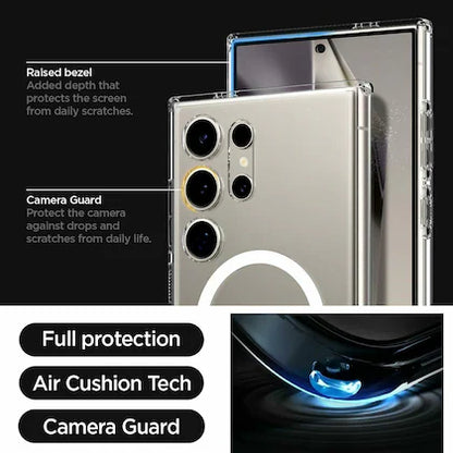 Samsung case with a clear design, raised bezel, camera guard, and air cushion technology for added protection for s24 ultra cases india
