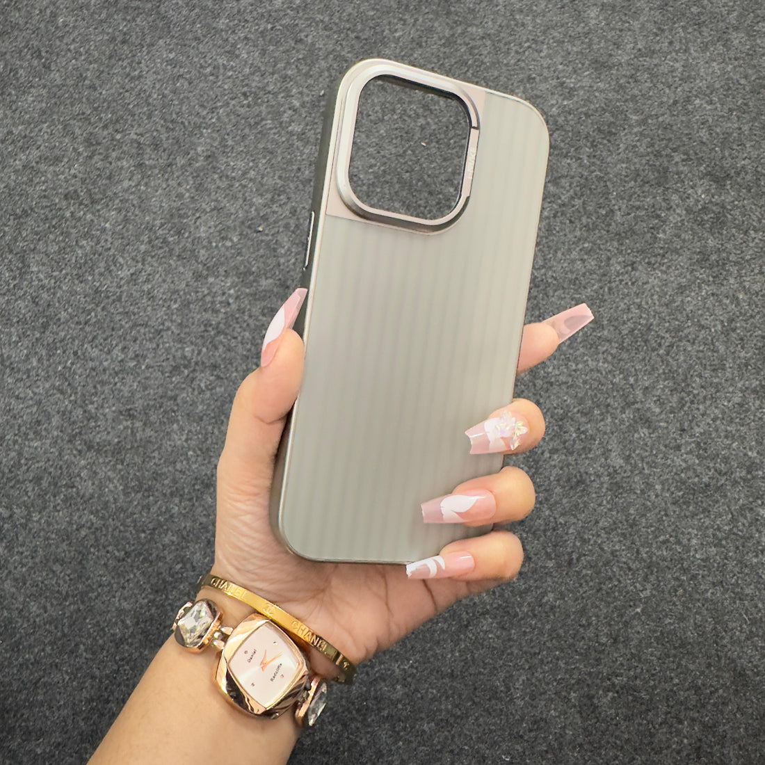 a sleek silver glacier textured iPhone case, iphone 16 pro case emphasizing its premium protection and MagSafe features