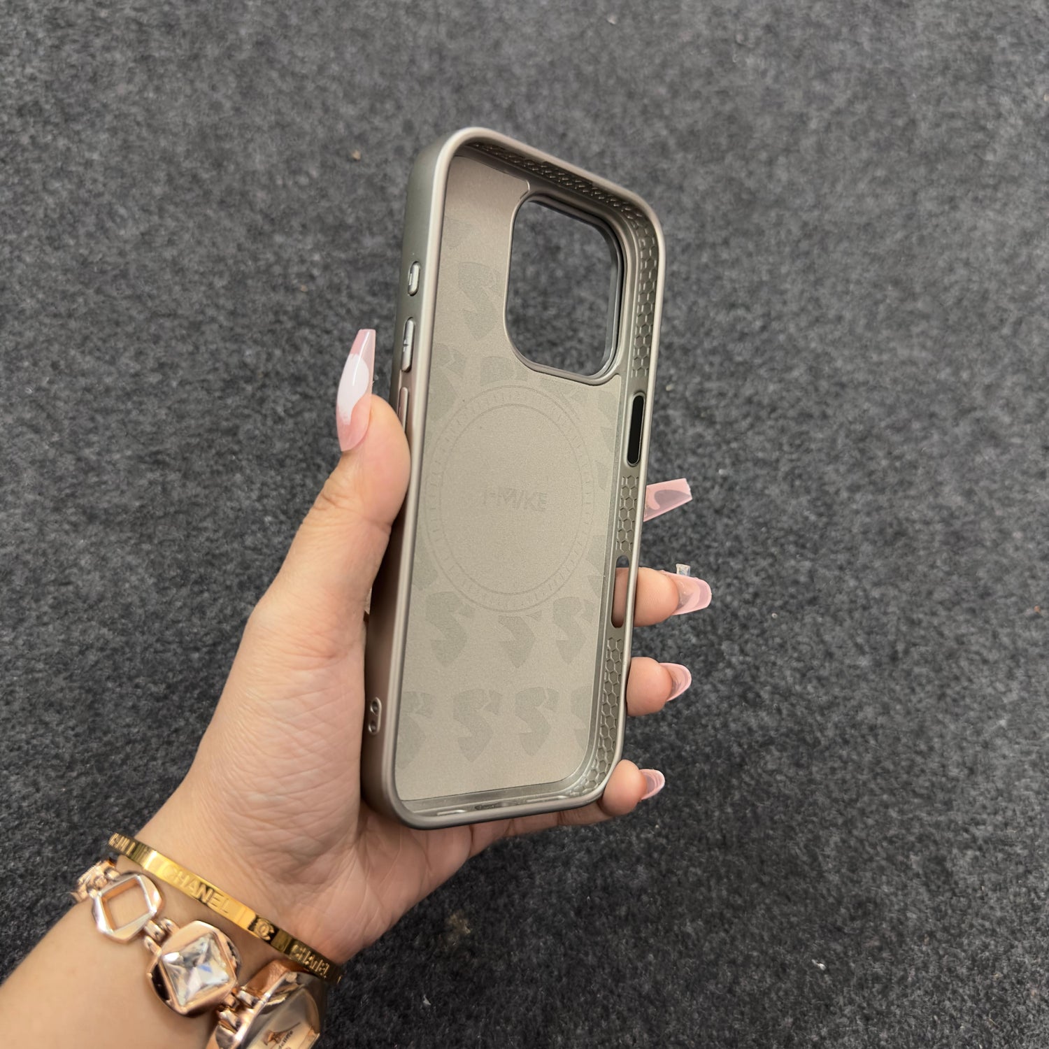 Front view of a  elegant silver glacier textured iPhone case, iphone 16 pro case emphasizing its premium protection and MagSafe feature