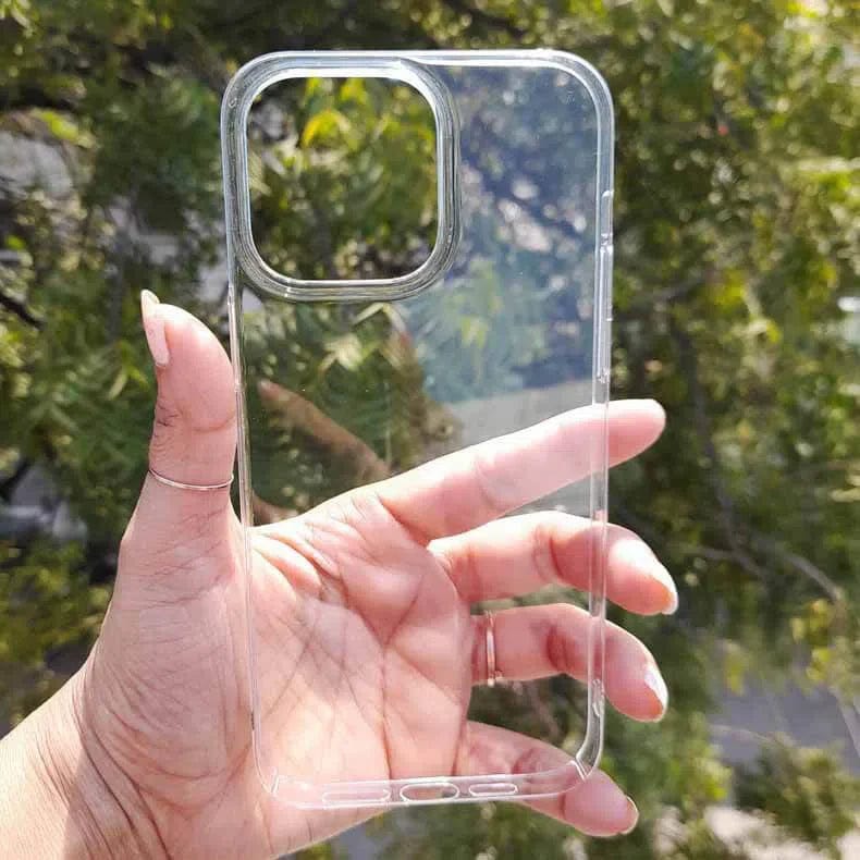 A close up of a hand holding a clear iPhone case, iphone 15 pro max cases highlighting its minimalist style and protective features.
