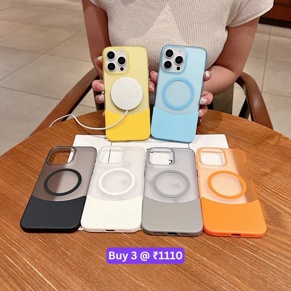 Multi color iphone 15 pro max cover transparent cases in blue, yellow, white, grey, black, and orange, iphone cases featuring MagSafe and dual-layer protection