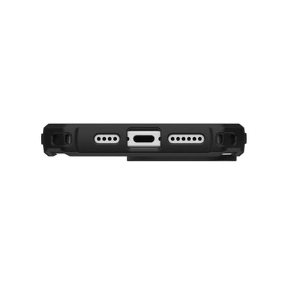 Back view of a black UAG iphone case for iPhone 16 Pro Max, featuring precise cutouts