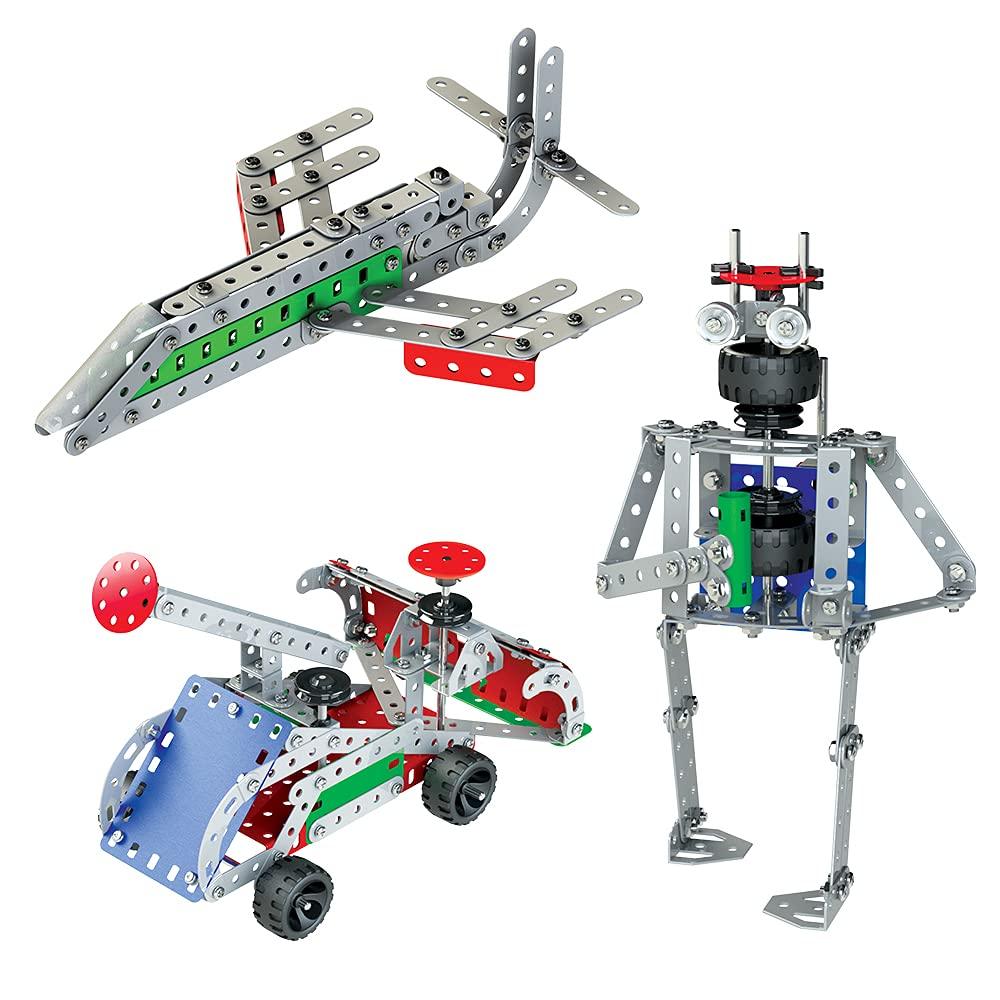 A colorful collection of metal components robots and vehicles arranged creatively on a table, showcasing imaginative designs and details