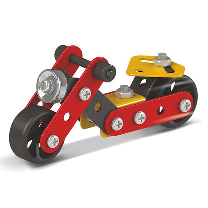  A toy motorcycle featuring vibrant red and yellow wheels, showcasing a playful design for imaginative play.
