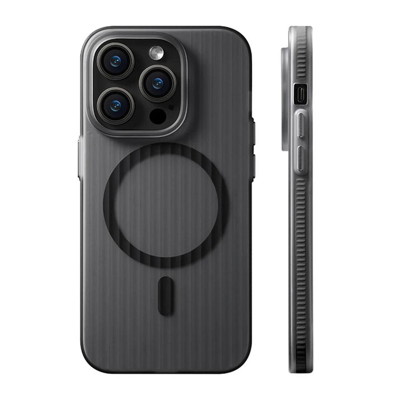 A sleek black iPhone case with MagSafe compatibility, iphone 16 pro max cover featuring a corrugated texture for a secure grip and a modern aesthetic