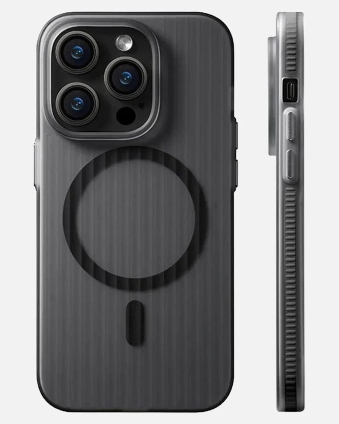 A sleek black iPhone case with MagSafe compatibility, iphone 16 pro max cover featuring a corrugated texture for a secure grip and a modern aesthetic