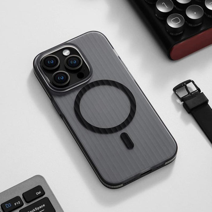 A stylish iPhone case with a transparent back and a black circular MagSafe ring, iphone 16 pro max cover providing enhanced wireless charging and protection