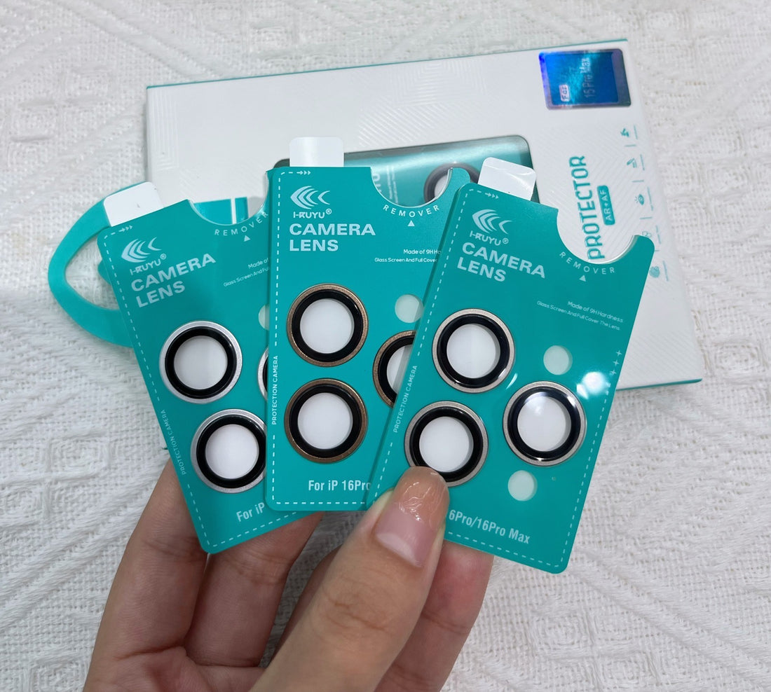 A collection of iPhone 16 Pro Max iphone camera lens in a stylish rainbow finish, compatible with different phone cases
