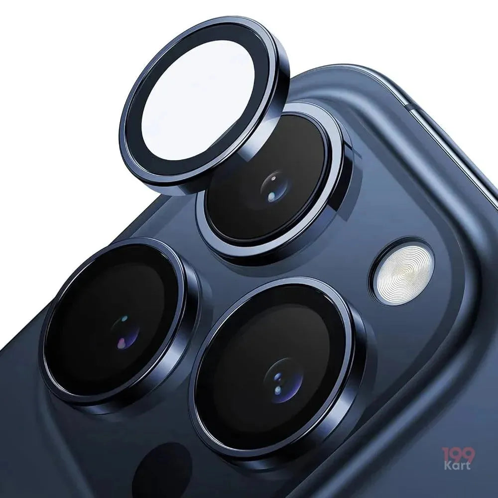 Stylish blue aluminum camera lens for iphone designed for iPhone 15 Pro and Pro Max, ensuring durable and bubble free installation