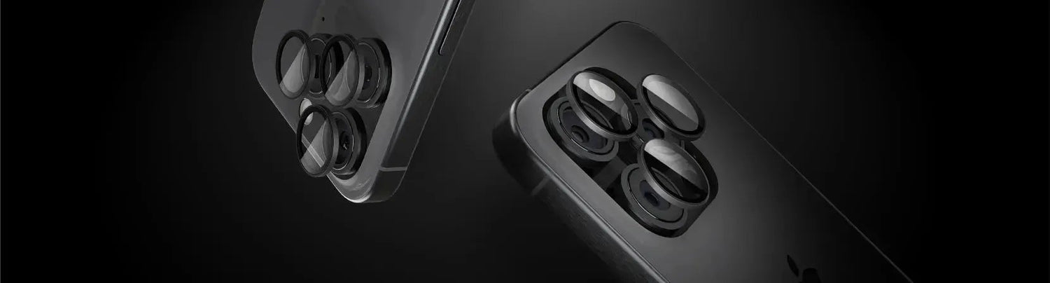 A premium black titanium finished camera lens for iphone, 15 Pro and Pro Max, offering HD clarity and scratch resistance