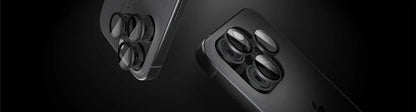 A premium black titanium finished camera lens for iphone, 15 Pro and Pro Max, offering HD clarity and scratch resistance