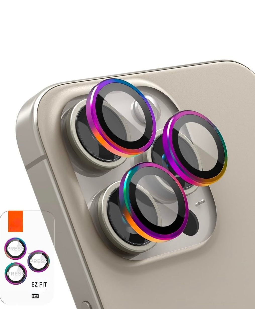  A stylish and durable iphone camera lens with a multicolor rainbow finish, designed for iPhone Pro models, providing scratch and dust resistance