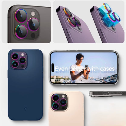 A high quality iphone camera lens with a vibrant color gradient, compatible with multiple iPhone models, offering seamless protection.
