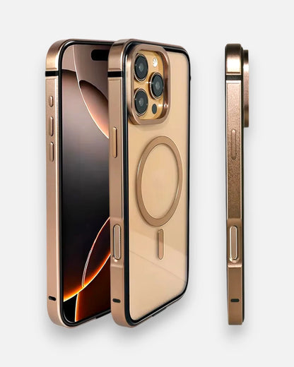 Bronze MagSafe iPhone cover with clear back panel and metallic edges, iphone 16 pro max cover offering precise cutouts and a sleek frame design stylish Apple cover for iPhone models.