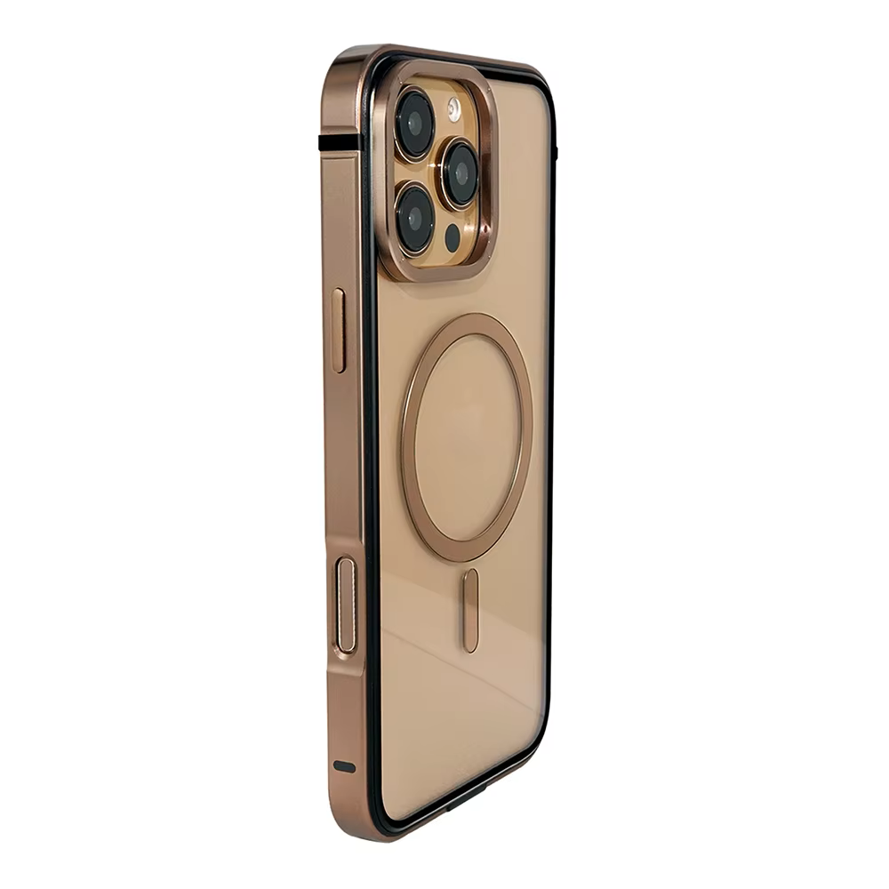 Matte transparent back iPhone case in bronze color, iphone 16 pro max cover featuring built in MagSafe ring and metallic frame modern and premium iPhone case for protection and style.