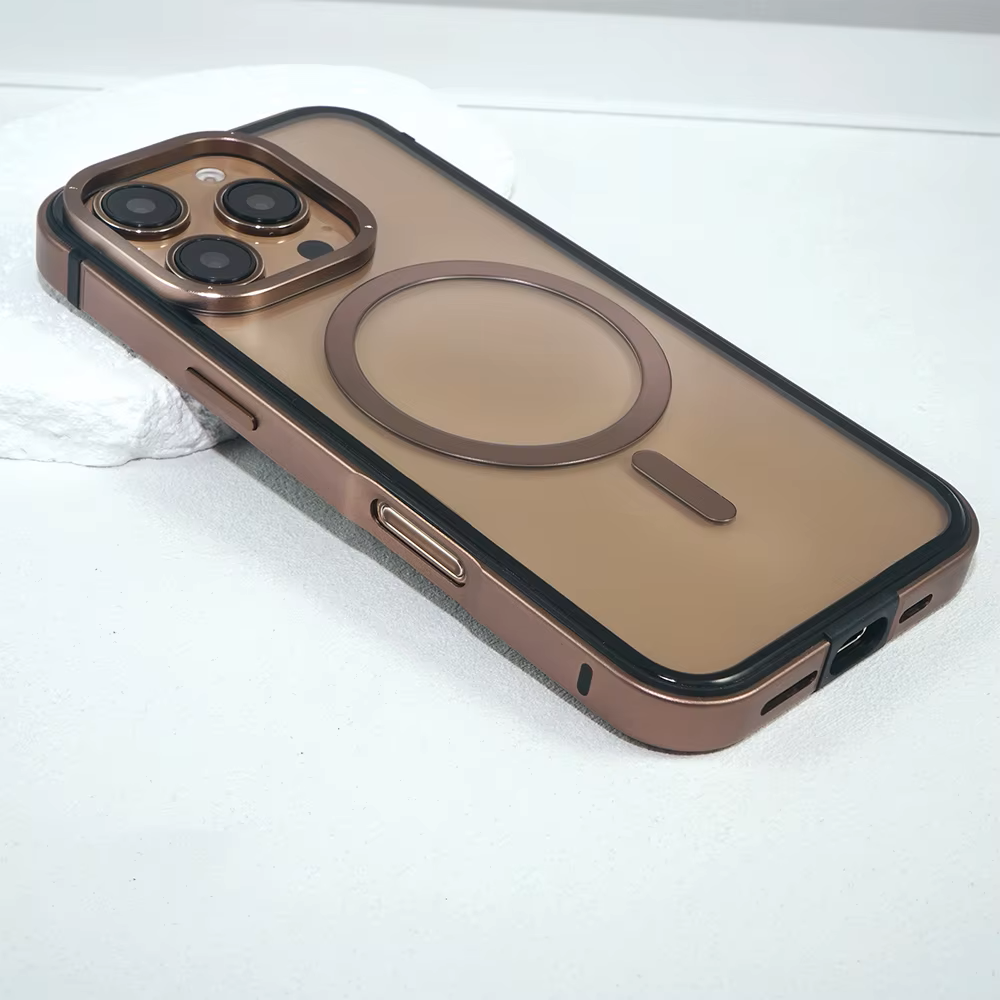 Side view of bronze magnetic iPhone case for iphone 16 pro max cover with raised camera ring and matte finish back durable mobile cover with elegant design and easy grip