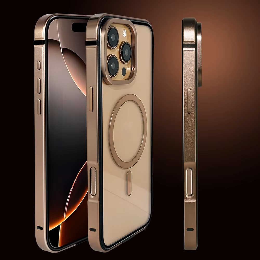 Bronze MagSafe iPhone cover with clear back panel and metallic edges, iphone 16 pro max cover offering precise cutouts and a sleek frame design stylish Apple cover for iPhone models.