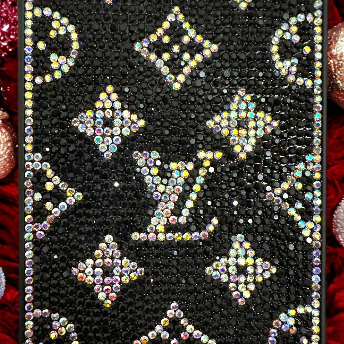 Premium black iPhone case adorned with rhinestone studded LV monogram, 14 pro max cover perfect for a high end aesthetic