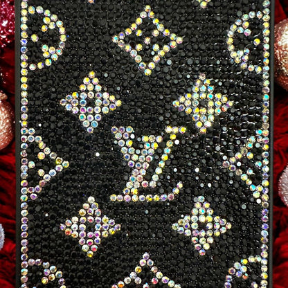  Premium black iPhone case adorned with rhinestone studded LV monogram, 14 pro max cover perfect for a high end aesthetic