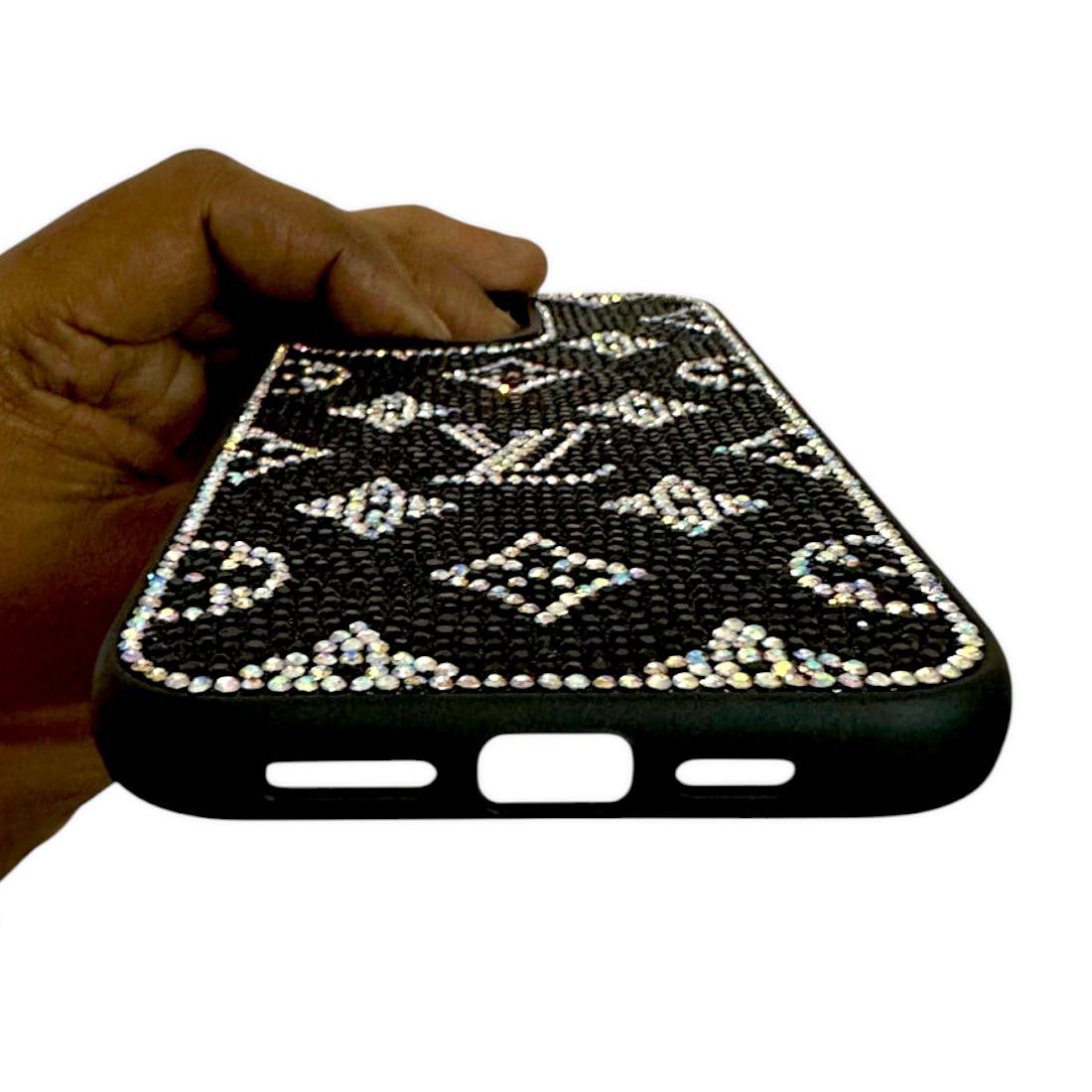 Sleek and protective iPhone case 14 pro max cover with luxurious rhinestones arranged in an LV monogram pattern