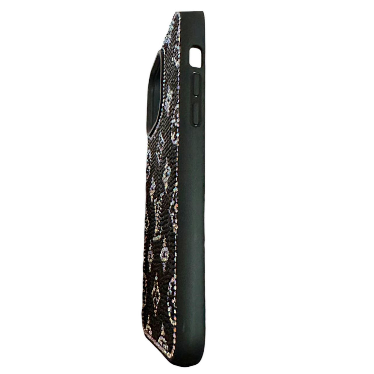 Stylish black mobile cover for 14 pro max cover featuring a crystal studded LV inspired pattern, offering elegance and protection