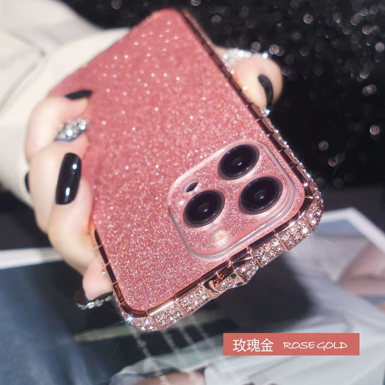 Elegant rose gold diamond encrusted iPhone case for iphone 16 pro max cover featuring a dazzling sparkle finish and premium protection