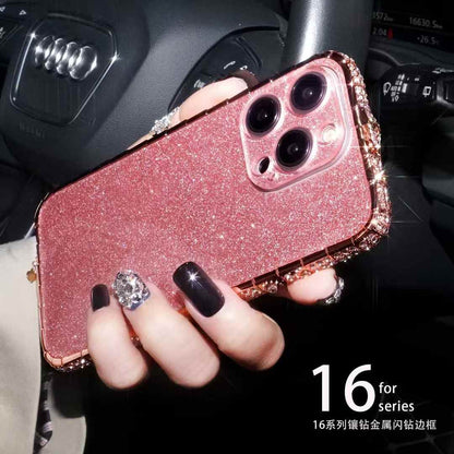 Eye catching pink diamond studded iPhone cover for iphone 16 pro max cover with a glossy finish, perfect for those who love a luxurious and fashionable accessory.