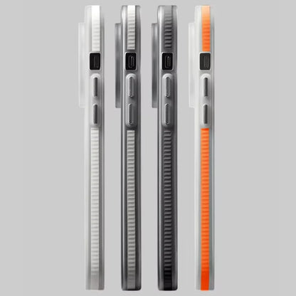 Shockproof iPhone case for iphone 16 pro max cover with reinforced side grip, available in white, silver, black, and orange accents. Durable mobile cover with textured edges for a secure hold and enhanced protection