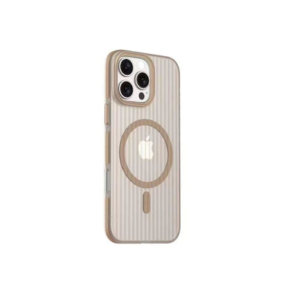  A sleek, clear corrugated iPhone cover for iphone 16 pro max cover with textured stripes and MagSafe compatibility for seamless wireless charging