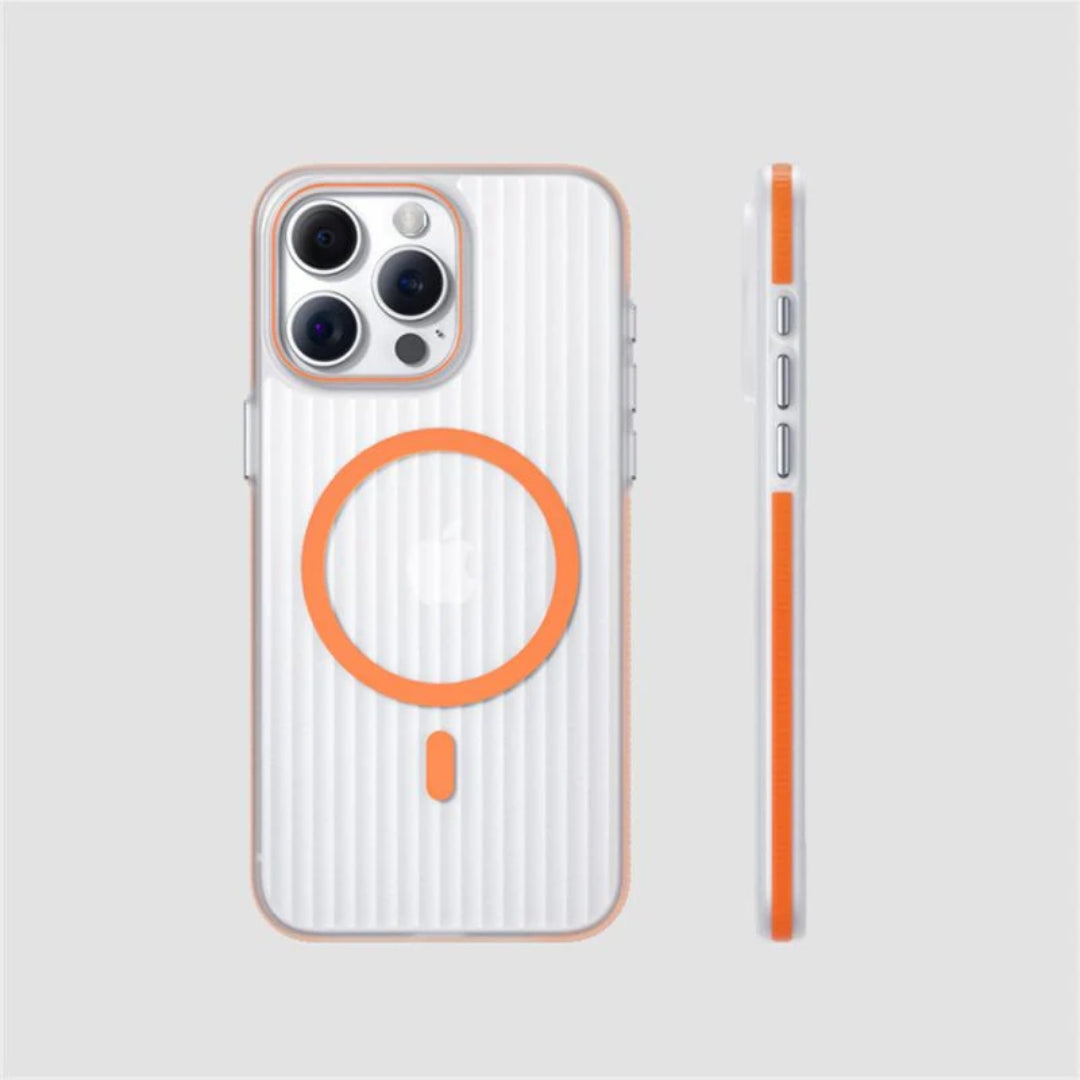 Transparent white iPhone cover for  iphone 15 pro max cover with bright orange MagSafe ring, offering stylish contrast and full camera protection