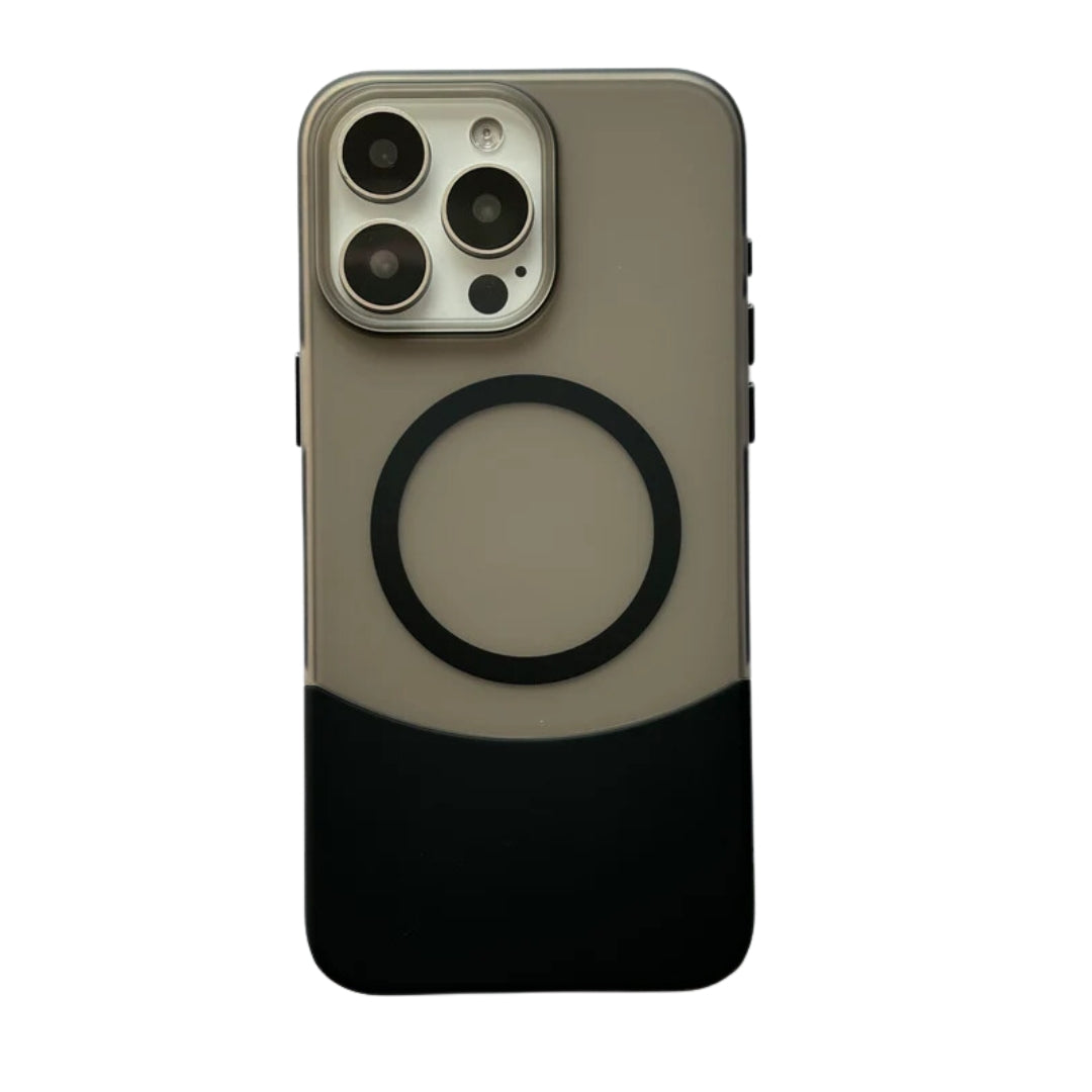 Elegant black and gray MagSafe iphone case for iphone 16 plus cover featuring a detachable bottom piece for dual tone customization and added protection