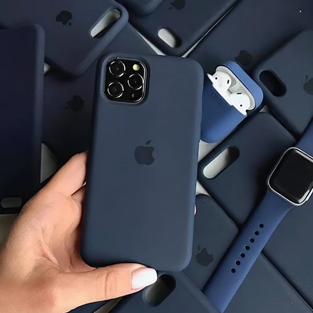 Midnight blue iPhone cover for iphone 16 pro max cover paired with matching accessories including Apple Watch strap and AirPods case premium silicone apple cover combo