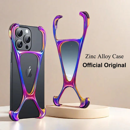 Stylish minimalist iPhone case for iphone 15 pro max cover with iridescent zinc alloy build shown on stand luxury apple cover for iPhone models.