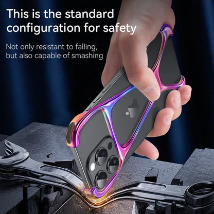 Metallic rainbow frame iPhone case with shockproof design, iphone 15 pro max cover demonstrating strong pressure resistance  premium apple cover