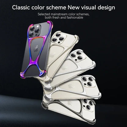 Multi color metallic iPhone covers or iphone 15 pro max cover including purple and gold variants with sleek X frame designs