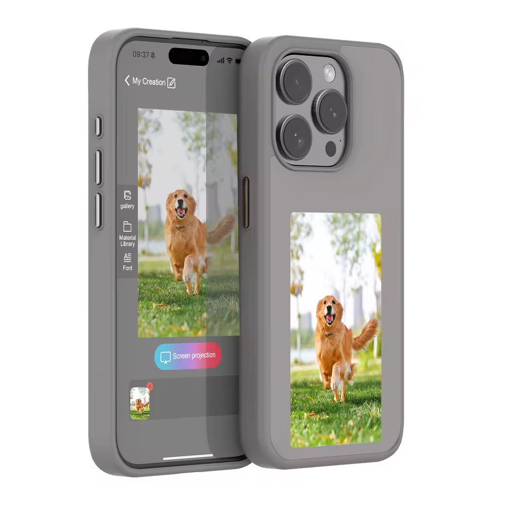 Custom NFC enabled iPhone case for iphone 15 pro max cover with E Ink display showing a personalized photo slideshow on the back.
