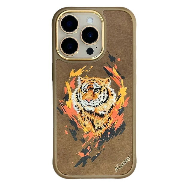 Brown iPhone case for iphone 16 pro max cover with bold tiger graphic in fiery orange, black, and white tones stylish and protective mobile cover for Apple devices