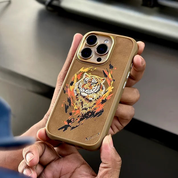 Handheld brown tiger iPhone case for iphone 16 cover highlighting the detailed artwork and durable build designer iPhone cover perfect for wildlife lovers