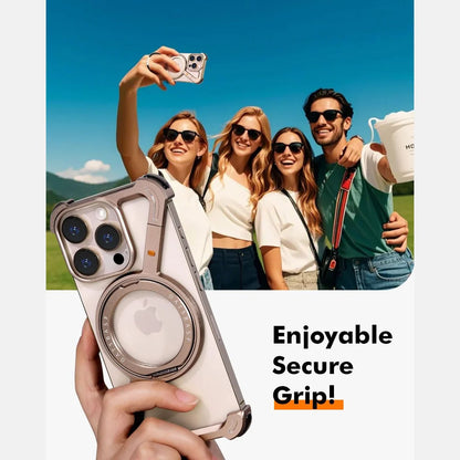 Transparent iPhone cover with a metallic rose gold frame and ring stand, iphone 16 pro max cover offering secure grip while taking selfies.
