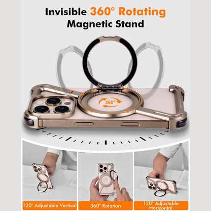 Frameless metallic rose gold iPhone case, iphone 16 pro max cover featuring a 360 rotating invisible magnetic ring stand for flexible usage