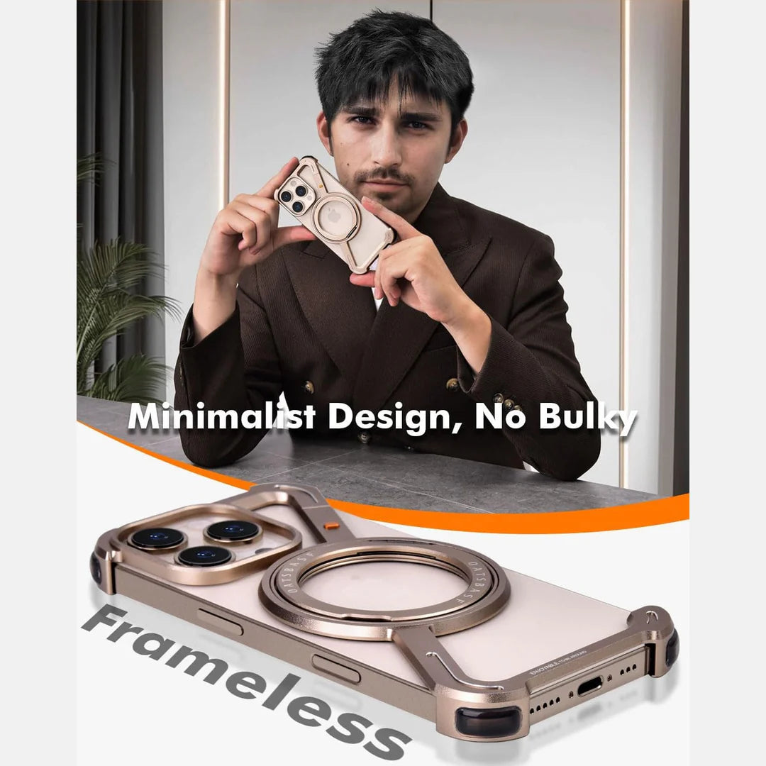 Sleek and frameless metallic rose gold iPhone case for iphone 16 pro max cover with a built in magnetic ring stand, shown in hand