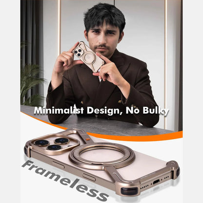 Sleek and frameless metallic rose gold iPhone case for iphone 16 pro max cover with a built in magnetic ring stand, shown in hand