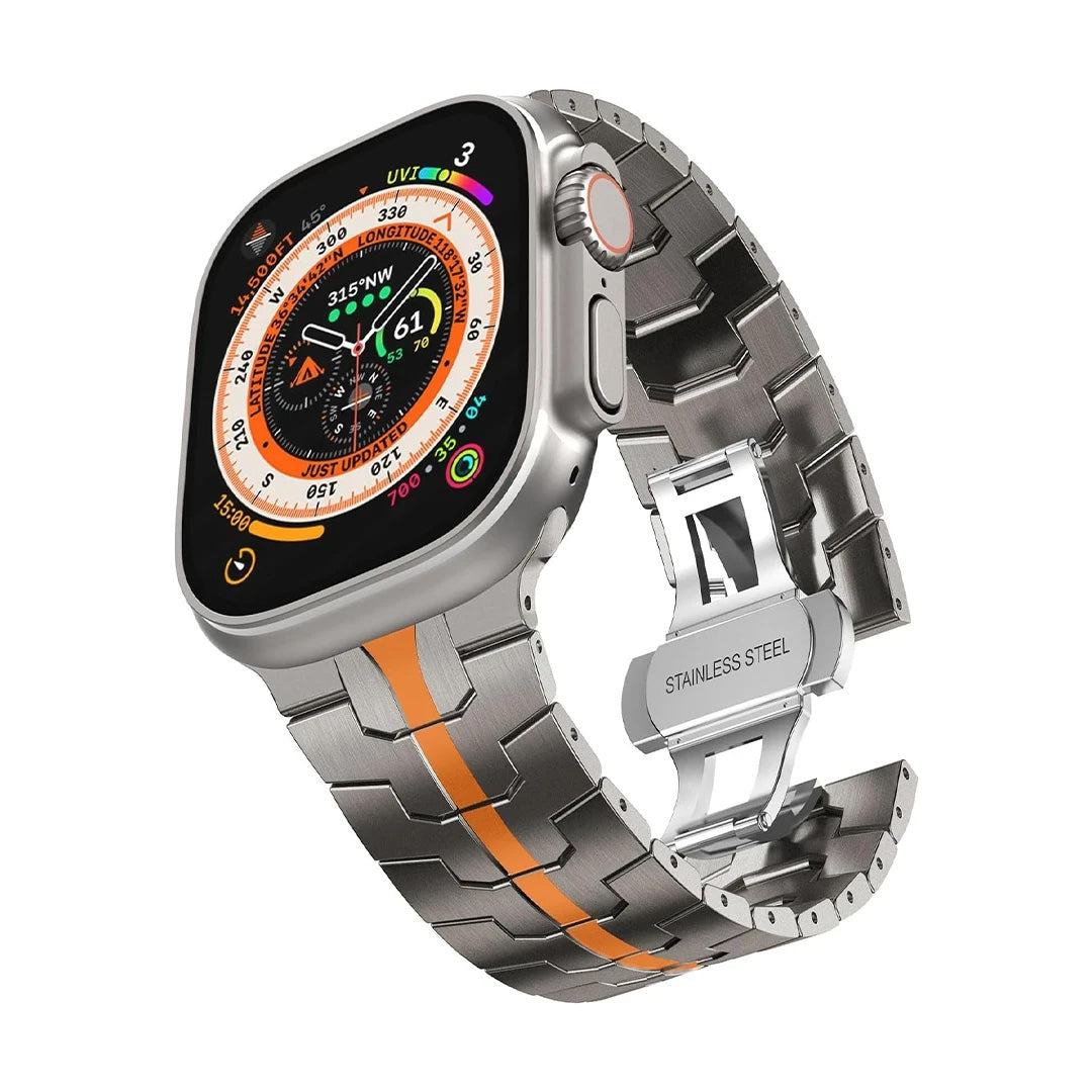 Premium titanium Apple Watch strap with a bold orange center stripe, shown attached to the watch.