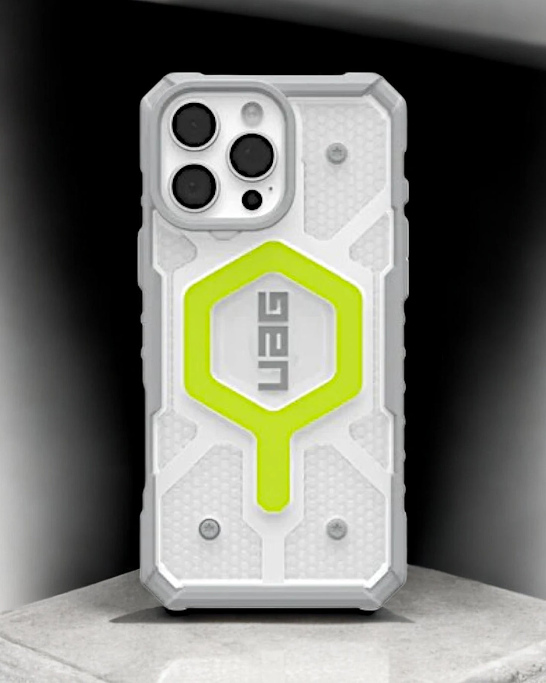military grade white UAG iPhone case with MagSafe compatibility emphasizing its rugged design.