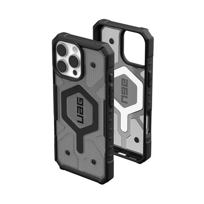 Grey UAG iPhone case with military-grade protection and MagSafe support with raised bezels for better protection