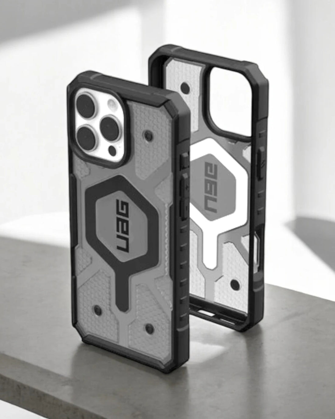 Grey UAG iPhone case with military-grade protection and MagSafe support with raised bezels for better protection