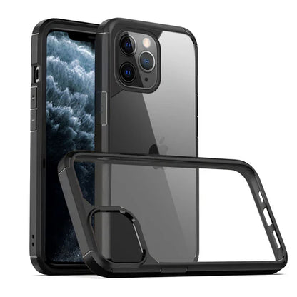 Clear acrylic iPhone case with reinforced black borders, compatible with iphone 11 pro max cover, offering secure grip and anti-fall mobile cover protection.