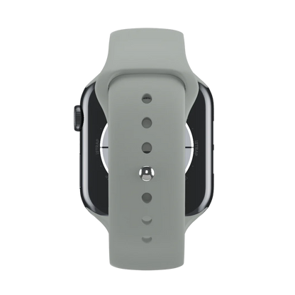 Rear view of an apple watch straps featuring a matte grey silicone band with multiple adjustment holes