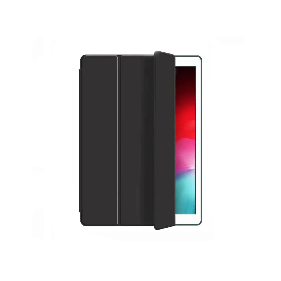  A sleek and protective black smart ipad cover with an integrated pencil holder. Magnetic tri fold design for auto sleep wake function