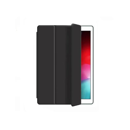  A sleek and protective black smart ipad cover with an integrated pencil holder. Magnetic tri fold design for auto sleep wake function